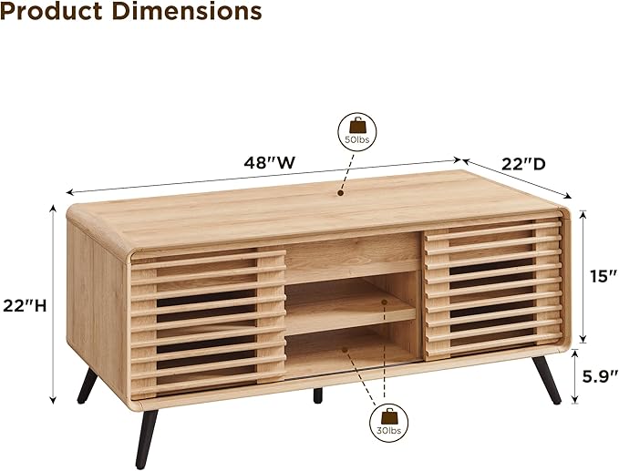 OKD Lift Top Coffee Table w/Sliding Slatted Door, 48" Mid Century Modern Wood Center Table w/Hidden Storage Compartment & Adjustable Shelf, Lift Tabletop Dining Table for Living Room (Natural Oak)