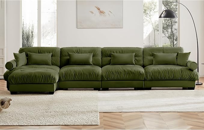 KEIKI 166" L-Shaped Oversized Velvet Modular Sectional Sofa with 1 Ottoman, High-Density Foam Cushions and Bolstered Armrests, Upholstered 4-Seater Cloud Couch with 6 Pillow, for Living Room, Green