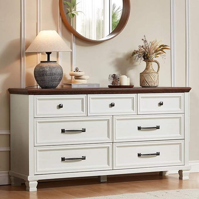 SAVOR LIFE Farmhouse Bedroom Dresser and Nightstand Set, 5 Drawer Dresser & 1 Drawer Nightstand Set, Rustic Wood Bedroom Furniture Set for Home, Hallway, White