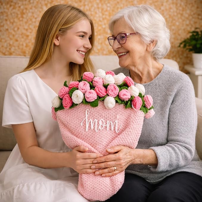 Personalized Handmade Crochet Rose Flower Blanket Bouquet – Custom Name Gift for Mother's Day, Valentine’s Day, Mom or Girlfriend（Pinkish White）
