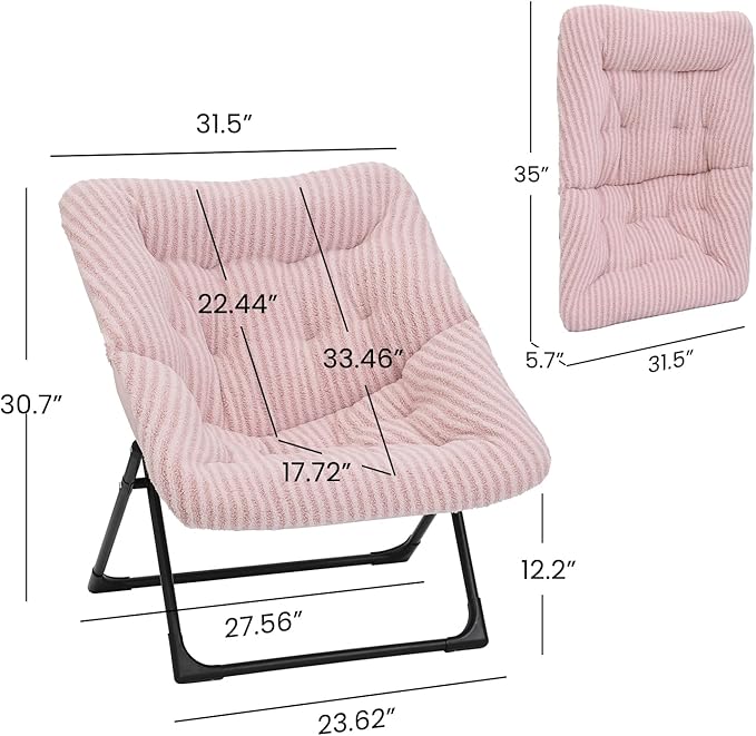 Comfy Saucer Chair for Adults, Soft Faux Fur Bedroom Chair, Accent Dorm Chairs, Flexible Living Room Reading Chairs, Oversized Folding Seat for Teens, X-Large, Stripe Pink