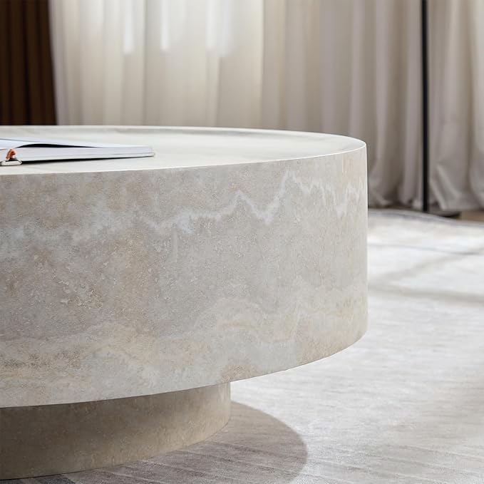 35.43" Round Coffee Table with Cylindrical Legs in Faux Marble,Stylish and Modern Fiberglass Drum Table, Modern Table for Living Room, Office, or Balcony.(Mars,ø35.43" x 11.81")