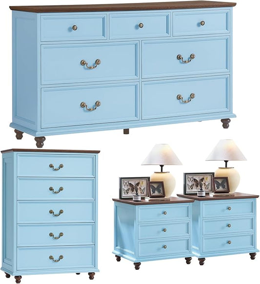 Joaxswe 24" Wide Farmhouse Nightstand Set of 2, 54" 7 Drawers Dresser, 45" Tall Rustic Chests of 5 Drawers w/ 4 Solid Wood Feet, Farmhouse Furniture Series for Living Room,Bedroom,LightBlue