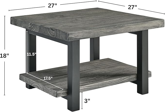 Alaterre Furniture Pomona Living Room Tables – 27 Inch Square Solid Wood Coffee Table with Metal Legs – Modern Rustic Industrial Small Space Table (Slate Grey)