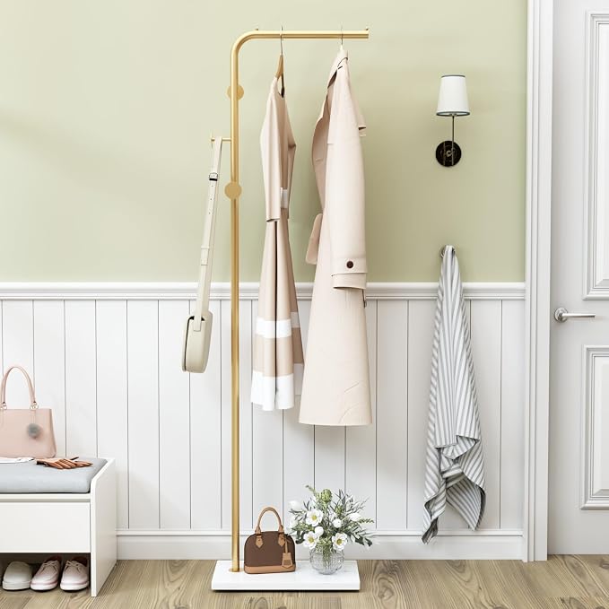 TIEOU Gold Coat Racks, Metal Coat Racks Freestanding with Crossbar and 3 Hooks, Modern Coat Hanger with Marble Base, L Shaped Coat Stand for Entryway, Bedroom, Living Room, Office - Image 7
