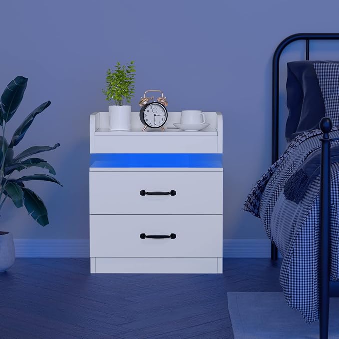 4ever2buy White Nightstand Set of 2 with Charging Station and LED Lights Modern Bedside Tables with 2 Drawers End Table for Bedroom - Image 10