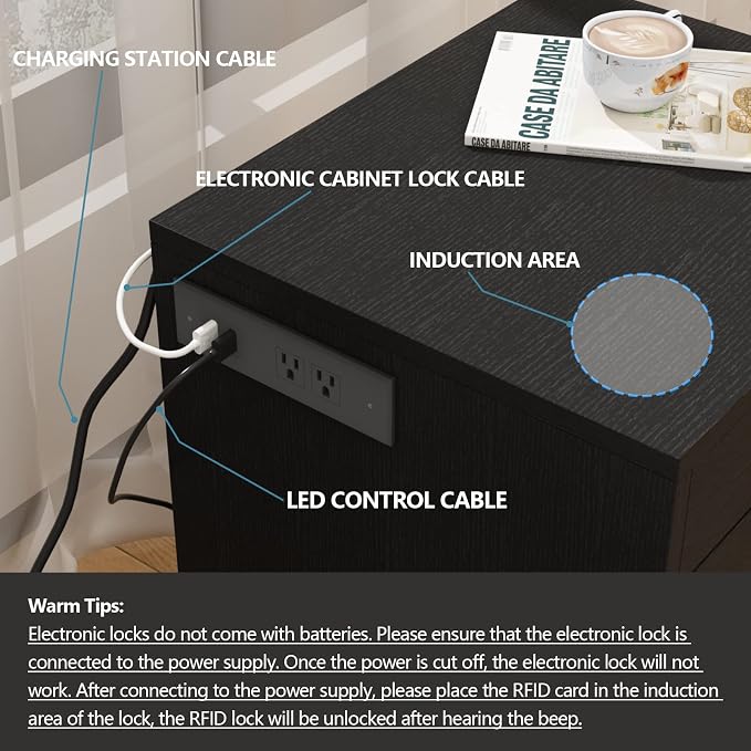 Auromie Nightstand with Charging Station and LED Lights, Concealment Furniture with RFID Lock Cabinet and Power Outlets, Bedside Table with Hidden Compartment for Valuables Storage, Black - Image 7