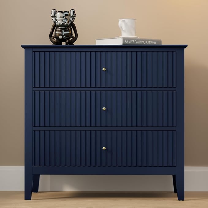 May in Color Large Blue Fluted 3 Drawer Dresser Set of 2, Chest of Drawers with Ball Bearing Slide Modern 30 inch Tall Wood Nightstand with Spacious Storage for Bedroom Hallway Living Room Entryway - Image 9