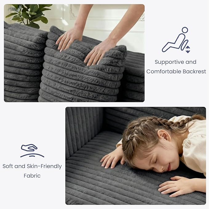 3-in-1 Convertible Sofa Bed: Boneless Loveseat Sleeper & Folding Couch Bed with 4 Pillows & Detachable Cushion, Furry Futon Couch for Bedroom, Apartment, Office and Living Room, No Assembly, Grey