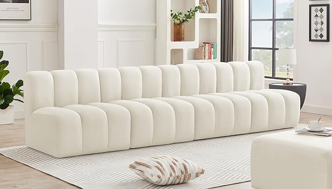 Meridian Furniture 103Cream-S4E Arc Collection Modern | Contemporary Modular Sofa with Soft Cream Velvet, Deep Channel Tufting, Modular Design, 119 W x 31 D x 30 H, Cream