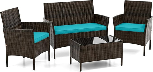 DORTALA Wicker Patio Furniture Set 4 Piece, Outdoor PE Rattan Table & Chairs Set with Tempered Glass Coffee Table, Loveseat, Cushions, Conversation Set for Balcony, Porch, Backyard, Deck, Turquoise