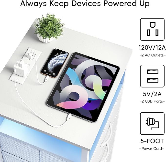 Fixwal White Nightstand with Charging Station, LED Night Stand with 3 Fabric Drawers and Open Shelf, Bedside End Table in Bedroom - Image 5