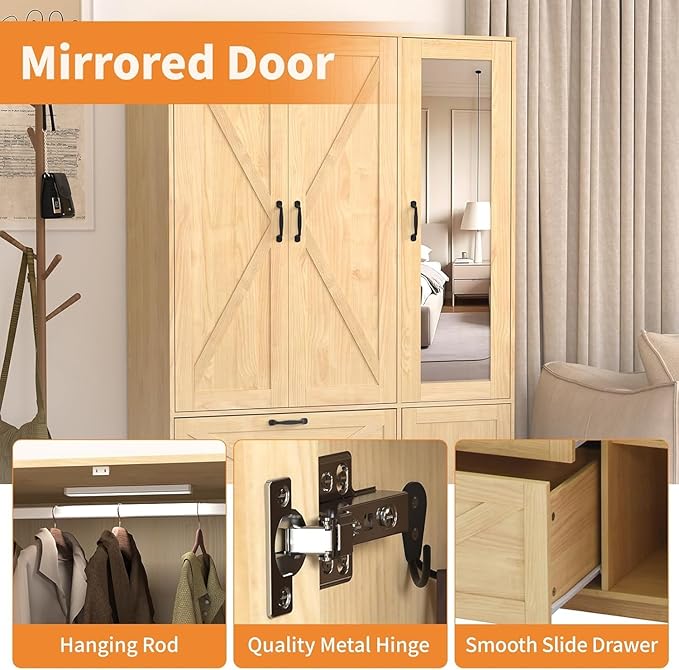 3 Doors Armoire Wardrobe Closet with Mirror Door and LED Lights,Bedroom Armoire with Drawers,Large Capacity Freestanding Armoire with Hanging Rod,Adjustable Shelves and Hooks(Natural)