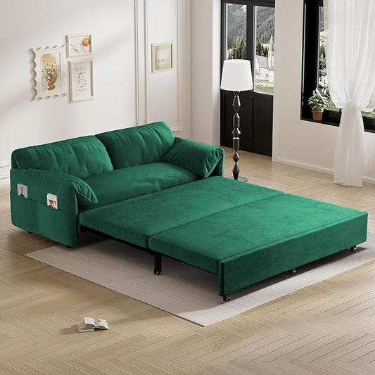 Ball & Cast 63.8" Pull Out Sofa Bed, 3-in-1 Convertible Sleeper Sofa with Side Storage Pockets,Multi-Functional Velvet Loveseat Bed for Living Room,Bedroom,Apartment,Office,Green
