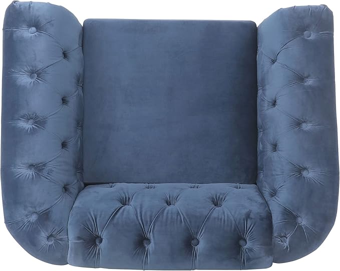 LEVNARY Velvet Chesterfield Chair, Mid-Century Modern Single Sofa Chair with Button Tufted Backrest and Nailhead Decor, Tufted Upholstered Rolled Armchair for Home Bedroom Reading Room (Blue)