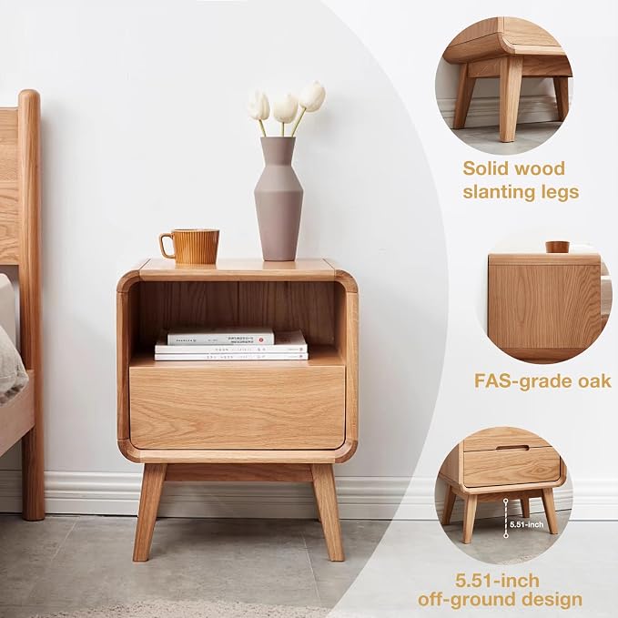 100% Solid Wood Nightstand Set of 2, Small Night Stand with Drawer and Open Shelf, Natural Wood Nightstand, Mid Century Modern Night Stand, Wooden Bedside Table for Bedroom(20.47" H) - Image 6