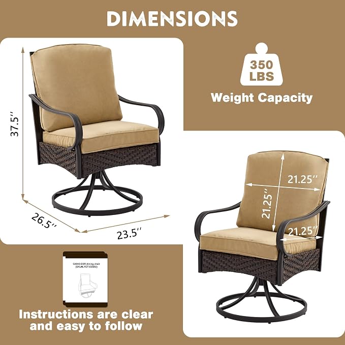 EROMMY Patio Swivel Chairs Set of 2, Outdoor Swivel Chairs with Cushion, Patio Dining Chairs for Garden, Patio, Backyard and Balcony, Khaki - Image 2