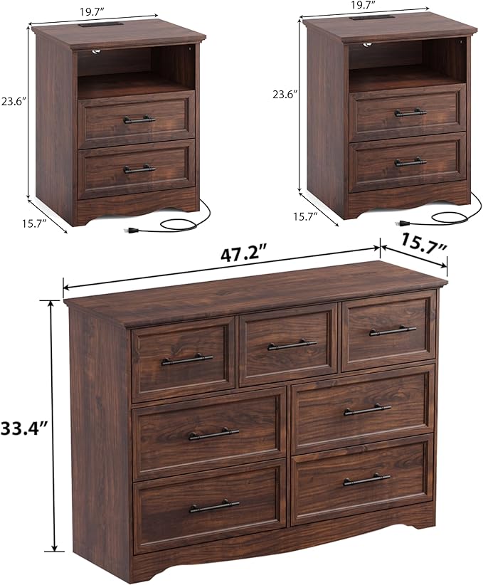 Bedroom Set, 3 Pieces Bedroom Furniture Set, Wood 7 Drawer Dresser and Nightstands with Charging Station, Farmhouse Storage Organizer Cabinet for Bedroom, Walnut