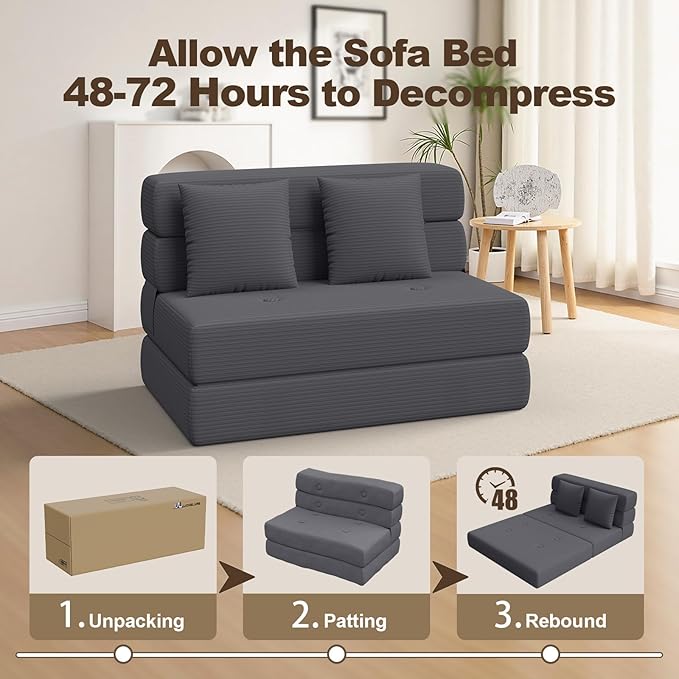 Folding Sofa Bed, Convertible Sleeper Chair & Couch Bed with Pillow, One-Piece High-Density Sponge Mattress, Multi-Purpose Corduroy Floor Sofa for Living Room, Office, Apartment, Grey, Twin