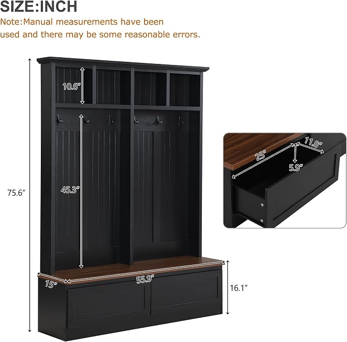 LUMISOL Farmhouse Hall Tree with Storage Bench, 4-in-1 Mudroom Coat Rack with 2 Large Drawer and Open Shelf for Entryway, Hallyway Shoe Cabinet with 6 Hanging Hooks, Black - Image 2