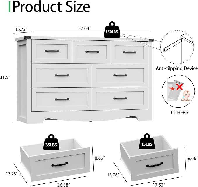 Dresser for Bedroom with 7 Drawers, 58" Wide Wood Chest of Drawers with Deep Drawers & Mental Handle, Modern Dresser TV Stand, Wooden Closet Storage Organizer for Living Room, Hallway, Entryway, White - Image 2