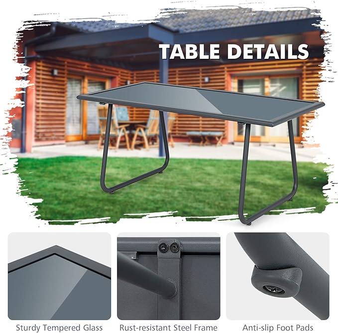Tangkula 4 Pieces Patio Furniture Set, Outdoor Conversation Set with Tempered Glass Coffee Table, Metal Frame, Breathable Fabric, Indoor & Outdoor Chat Set of 4, for Patio, Poolside, Garden (Gray)