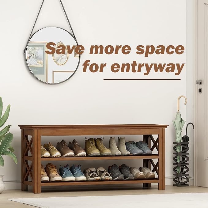 Bamworld Shoe Rack Bench with Storage 3 Tier Bamboo Shoe Bench Entryway Rustic Solid Wood Entryway Bench (X-Brown,39.4") - Image 3