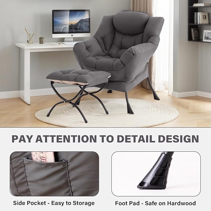 Tiita Lazy Chair with Ottoman, Modern Large Accent Lounge Chair, Leisure Sofa Armchair with Ottoman, Reading Chair with Footrest for Bedroom, Living Room, Dorm Rooms, Garden Dark Grey