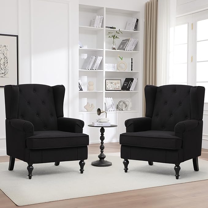 Accent Chair Set of 2, Mid Century Modern Fabric Wingback Chair, Upholstered Armchair with High Back and Vintage Legs, Comfy Single Sofa Side Reading Chair for Living Room Bedroom, Black