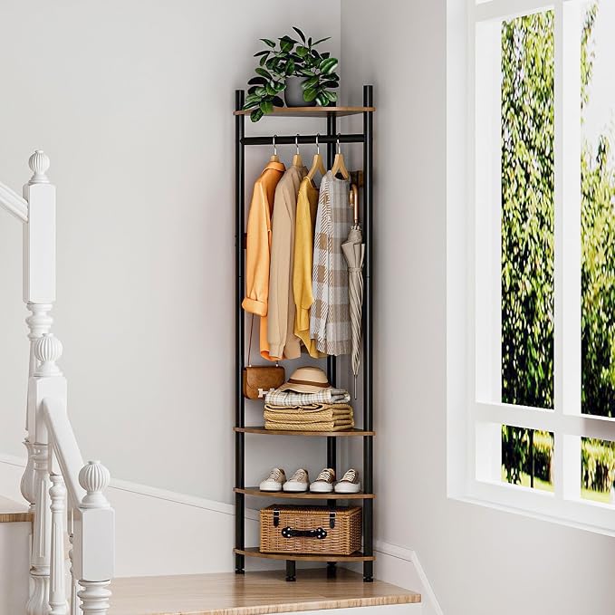 GiftGo Corner Hall Tree with Shoe Rack Entryway Coat Rack with 6 Metal Movable Hooks Floor Standing Clothes Rack Organizer for Home Office Bedroom (Rustic Brown) - Image 4