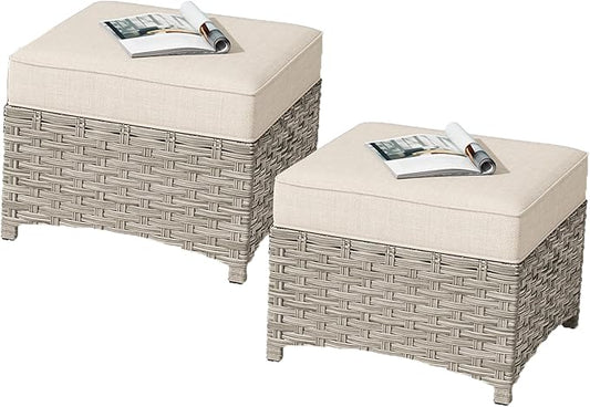 HOOOWOOO 2 Piece Patio Ottoman Set,Outdoor Wicker Ottomans,All Weather Resistant Rattan Deck Ottoman Matching Furniture(Beige Tan)