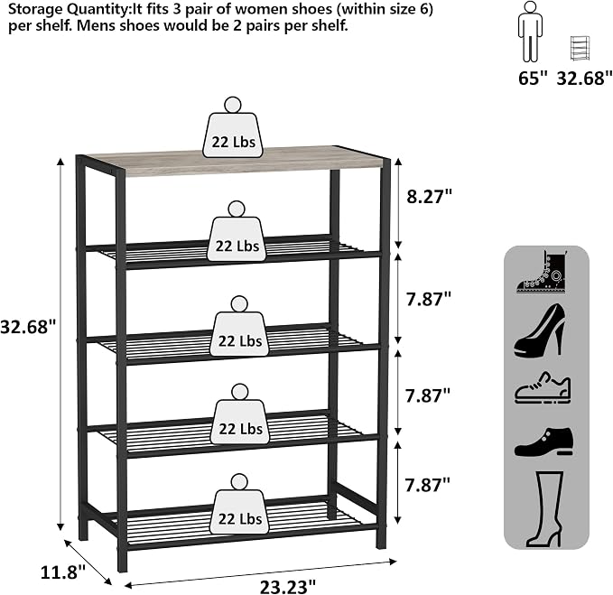 HOMEFORT 5 Tiers Shoe Rack Organizer,23" Shoe Storage Shelf for Closet, Shoe Rack for Entryway, Each Tier Fits 3 Pairs, Shoe Stand with Metal Shelves and MDF Top Board, Washed Gray - Image 3