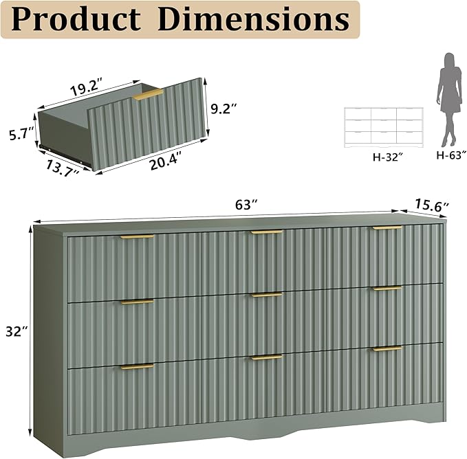 9 Drawer Dresser and Nightstand Sets for Bedroom, Modern Fluted 3 Pcs Bedroom Dresser Furniture Sets, Wood Chest of Drawers and Nightstand Set of 2 with Metal Handles, Green