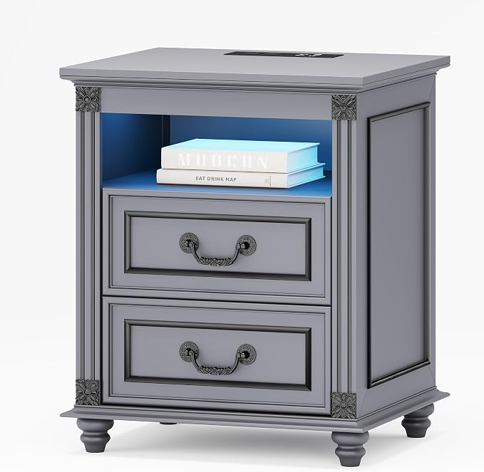 Night Stand with Charging Station, Nightstands with 3 Color LED Lights, Side Table with 2 Drawers Storage, Bedside End Table with Outlets and USB Ports for Bedroom, Grey - Image 8