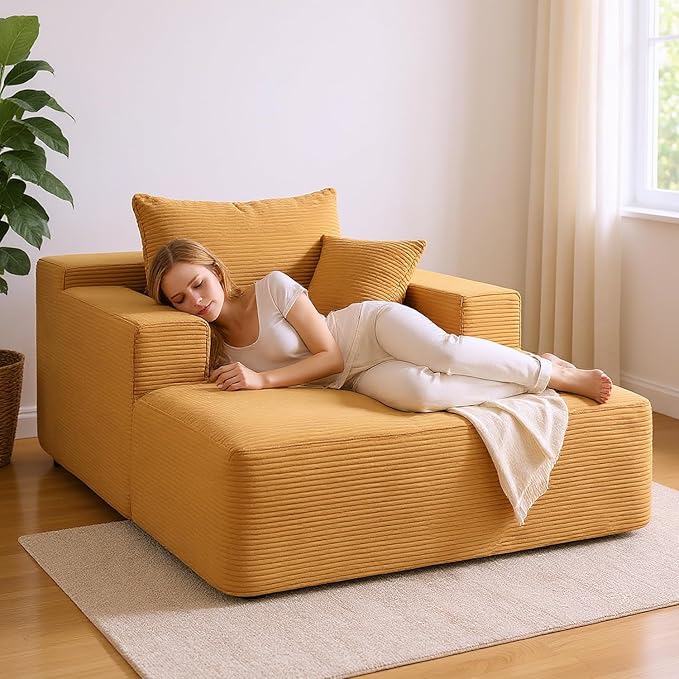 Monroe Convertible Chaise Lounge Chair Indoor – Oversized Corduroy Couch with Wide Armrest & Throw Pillows, Cozy Boneless Sleeper Sofa Bed Armchair, Ginger Yellow