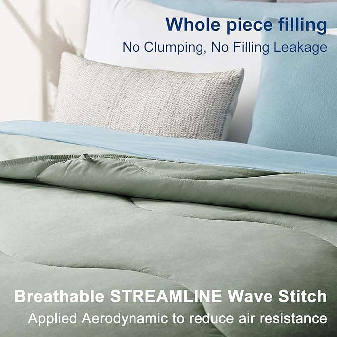 MEELUS Lightweight Comforter Cooling Sage Green, All Season Duvet Insert Breathable Queen Size Summer Bedding, Soft Microfiber Cool Down Alternative Quilt with Corner Tabs, 88x88 inch