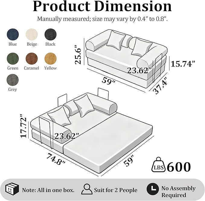 59'' Convertible Compressed Corduroy Folding Sofa Bed, Modern Boneless Pull Out Loveseat Sleeper in a Box, 4 in 1 Floor Mattress Futon Cloud Couch, No Assembly Needed, Navy Blue, 2 Pillows, Queen