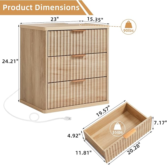 LEYAOYAO 23" Wide Fluted Farmhouse Night Stand Set of 2 with Charging Station, 3 Drawers Large End Table w/Metal Handle, Natural Nightstand Bedside Table,Wood Dresser for Bedroom, Closet - Image 3