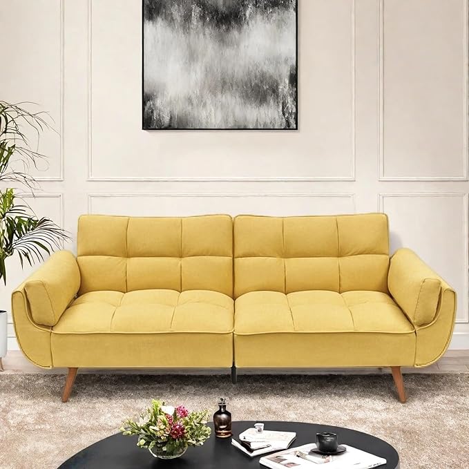 Convertible Futon Sofa Bed, Modern Futon Couch with 2 Pillows, Small Futons Couch with Adjustable Armrest & Backrest, Loveseat Sofa Bed for Living Room, Bedroom, Yellow