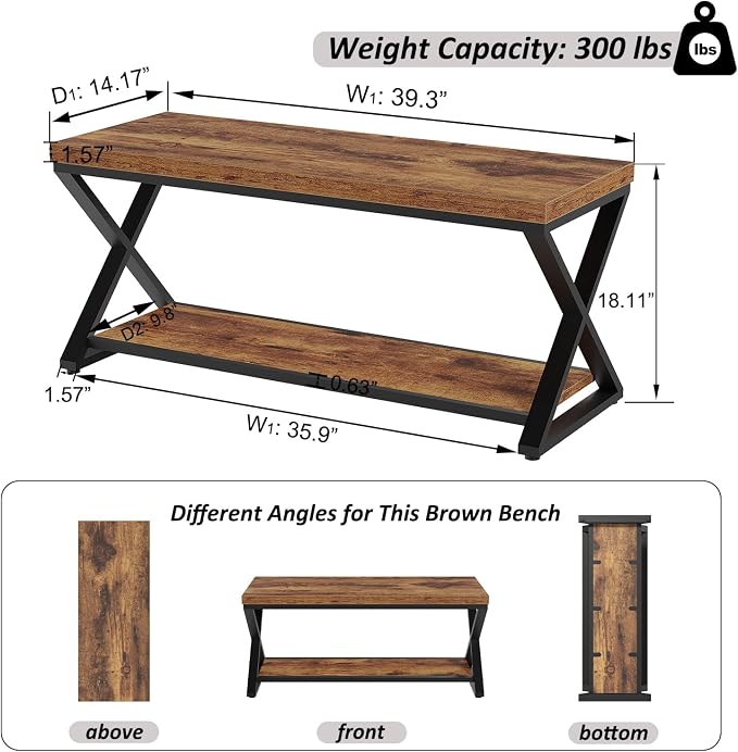 IBF Wooden Bench Indoor, Wood Entry Way Bench with Shoe Storage Rack for Entryway, Industrial Entryway Bench Seat for Foyer Bedroom Living Room Entrance Organization, Rustic Brown Oak, 39 Inch Long - Image 2