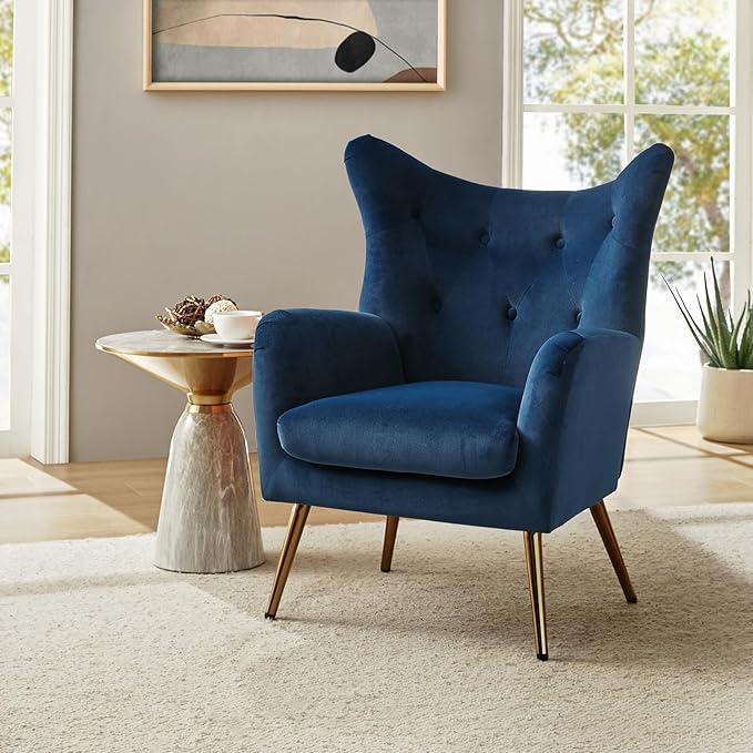 HULALA HOME Velvet Accent Chair, Modern Wingback Arm Chair with Metal Gold Legs, Velvet Tufted Upholstered Single Sofa Chair for Living Room Bedroom, Dining Room Accent Club Guest Chair (Navy)