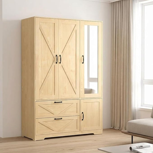 3 Door Wardrobe Closet with Mirror, Bedroom Armoire Wardrobe Closet with Lights, 2 Drawers, Hanging Rod and Cabinet, Large Clothes Storage Organizer, 47.2 x 19.68 x 71.65 in,Natural