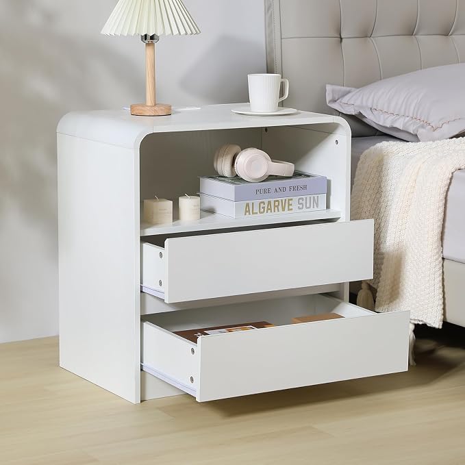 Modern Nightstands with Charging Station, White Night Stand with 2 Drawers, Wood End Table with Storage, 23.6'' Wide Bedside Cabinet for Bedroom - Image 7