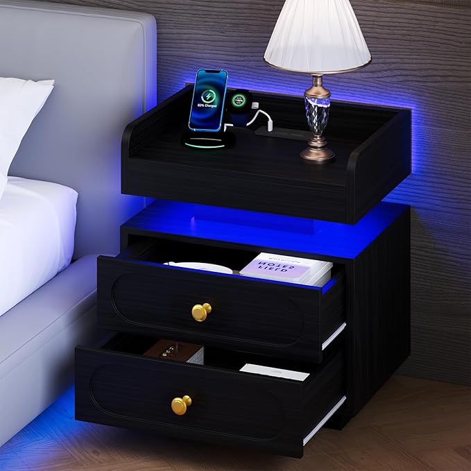 4ever2buy Black Nightstand Set of 2 with Adjustable LED Lights and Charging Station Modern Bedside Tables with 2 Drawers End Tables for Bedroom - Image 7