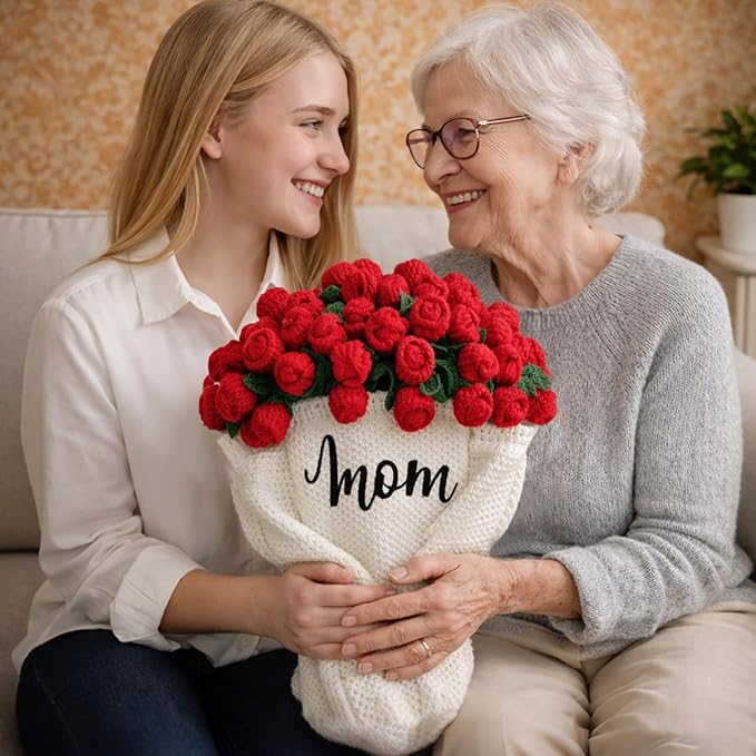 Personalized Handmade Crochet Rose Flower Blanket Bouquet – Custom Name Gift for Mother's Day, Valentine’s Day, Mom or Girlfriend（Red）