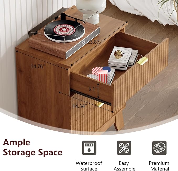 Nightstand with 3 Large Drawers,24" Wide End Table with Curved Metal Handles,Fluted Wood Small Dresser,Bedside Table,Modern Chest of Drawers for Bedroom,Living Room, Walnut - Image 8