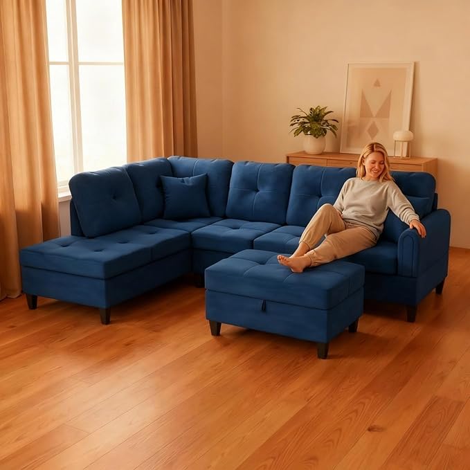 Modern L-Shape Sofa with Storage Ottoman, 3-Piece Flannel Sectional Couch Set for Living Room, Contemporary Upholstered Couch Set with Solid Wood Frame for Apartment, Blue