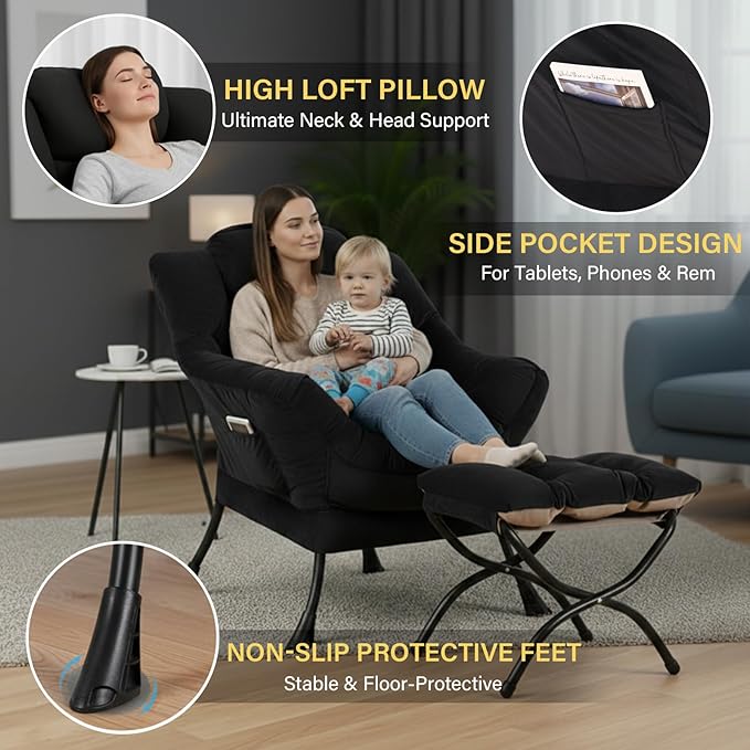 Lazy Chair and Ottoman, Black Velvet Large Accent Chair with a Side Pocket, Modern Leisure Upholstered Sofa Reading Armchair with Footrest for Office, Bedroom, Living Room, Dorm Rooms, Balcony