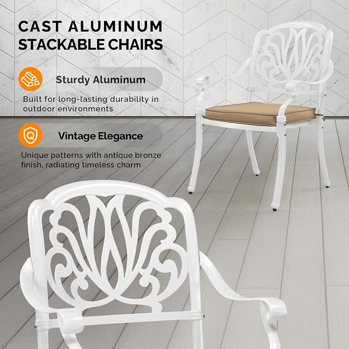 VINGLI Patio Chairs Set of 2 - Stackable Outdoor Cast Aluminum Dining Chairs with Vintage White Finish and Floral Pattern, Metal Armchairs for Poolside, Backyard, Balcony (with Cushion) - Image 4