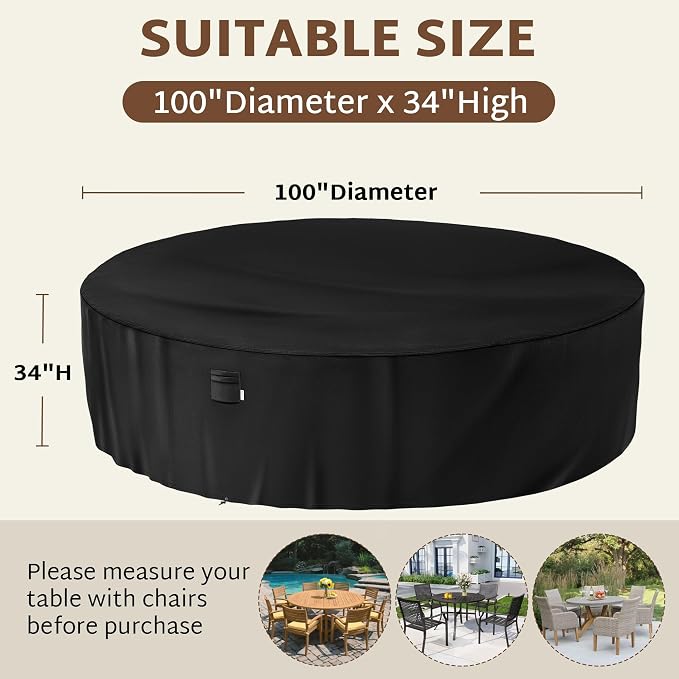iBirdie Round Patio Furniture Cover 100 x 34 inch, Outdoor Waterproof and Weatherproof for Garden Table and Chairs, Heavy Duty 600D, fit 100, 99, 98, 97, 96, 95 Diameter - Image 2